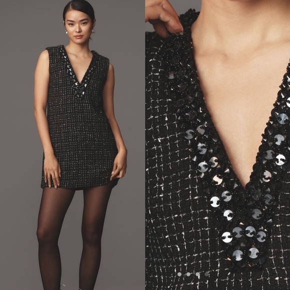 Anthropologie Black Sequin V-Neck Dress - Picture 1 of 14